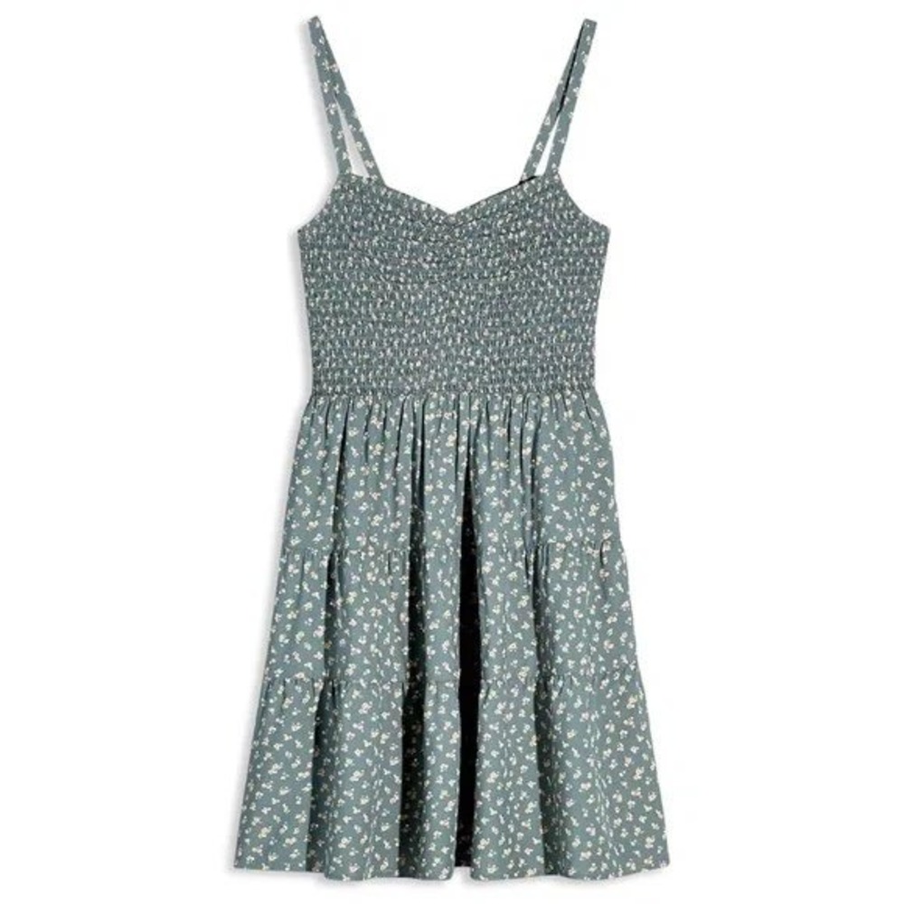 Madewell Tucker Tie Strap Mini Dress Green Floral‎ Smocked Tiered Small Summer - Picture 2 of 10